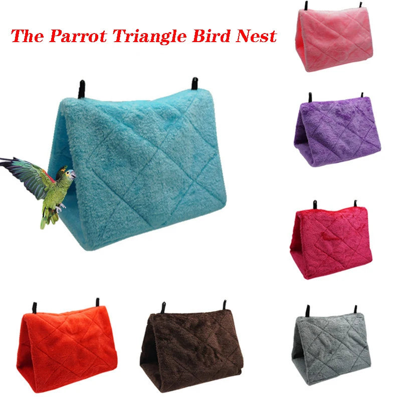 A collection of various colored plush bird nests shaped like triangles for parrots.