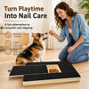 A woman is shown using a wooden dog nail scratching board with a treat box for pet grooming.