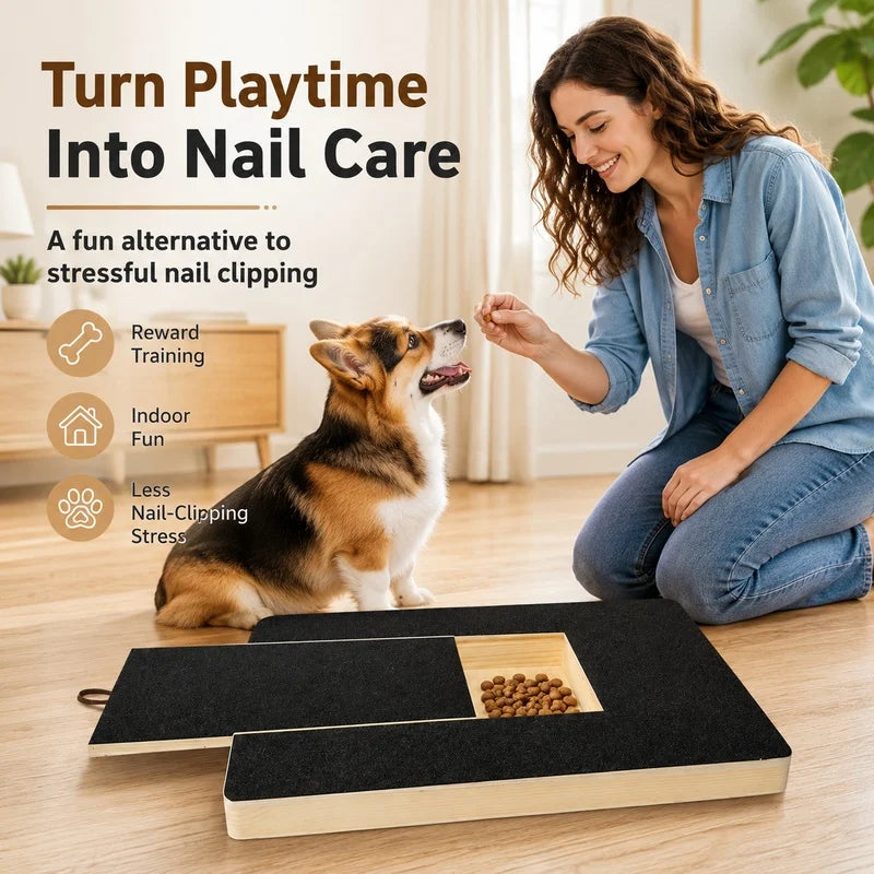 A woman is shown using a wooden dog nail scratching board with a treat box for pet grooming.