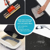 A double-layer cat litter mat is shown with a cleaning tool, a hand removing litter, and the mat itself.