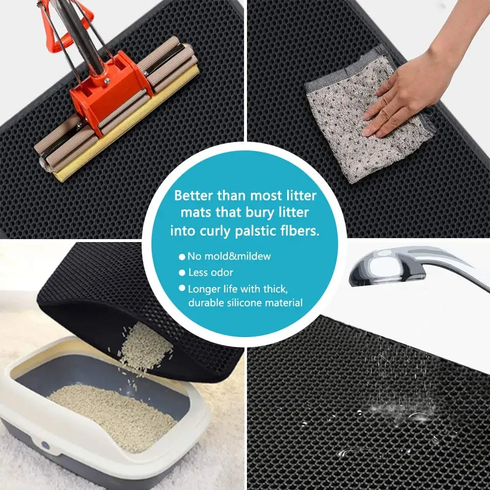 A double-layer cat litter mat is shown with a cleaning tool, a hand removing litter, and the mat itself.