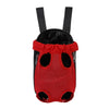 Red mesh carrier backpack with black straps and ruffled trim for cats and dogs