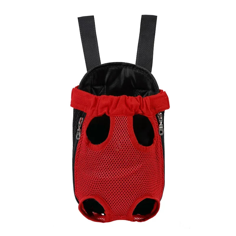 Red mesh carrier backpack with black straps and ruffled trim for cats and dogs