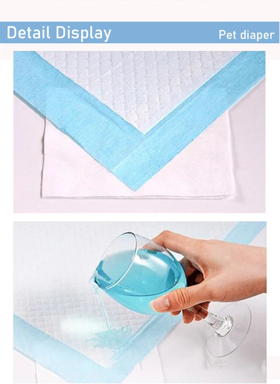 A close-up display of a blue disposable diaper, showing its absorbent pad and a hand pouring liquid into the clear plastic li