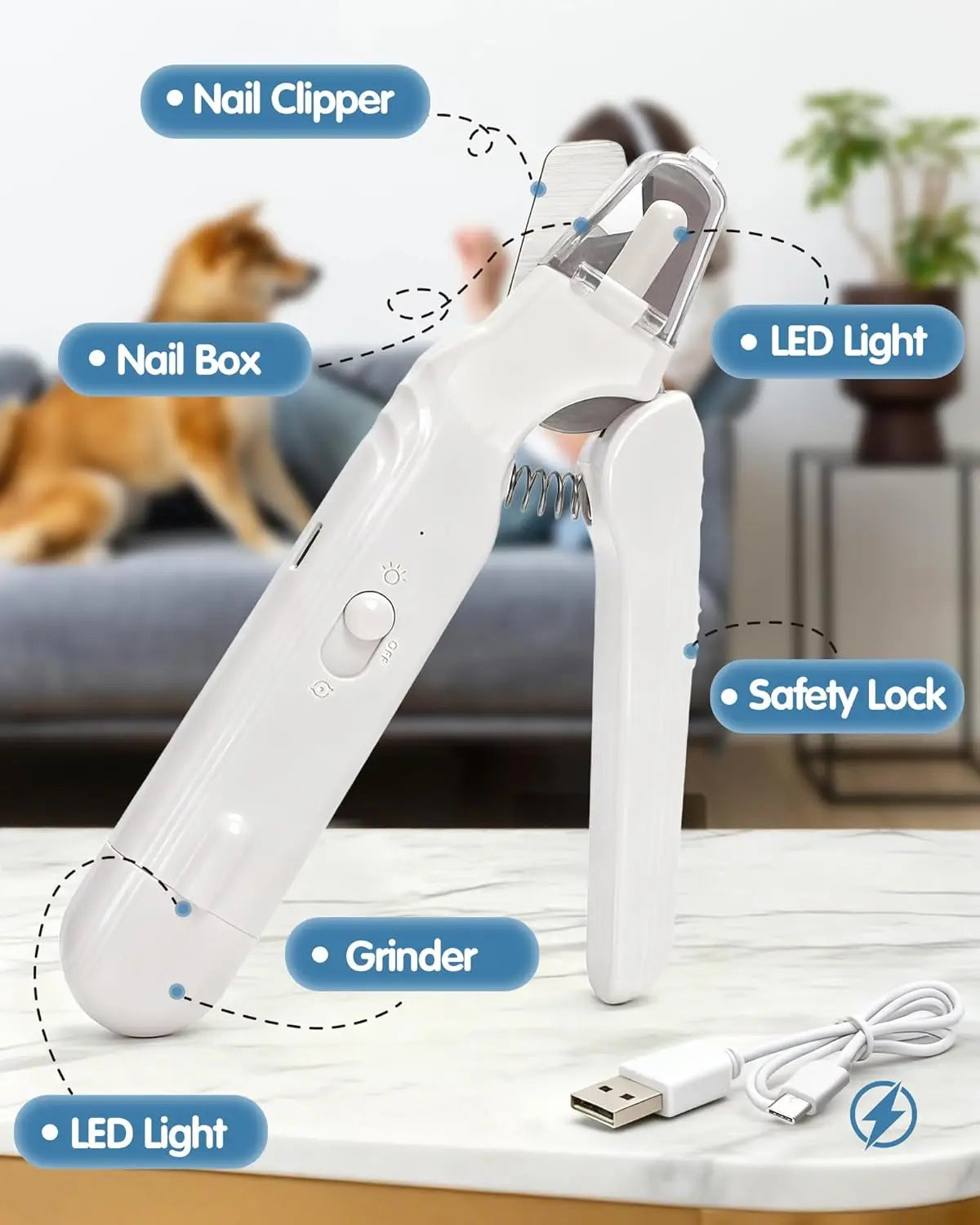 Weißer 2-in-1 Elektroschere und -trimmer für Tiernägel mit verschiedenen Komponenten und Zubehör.
