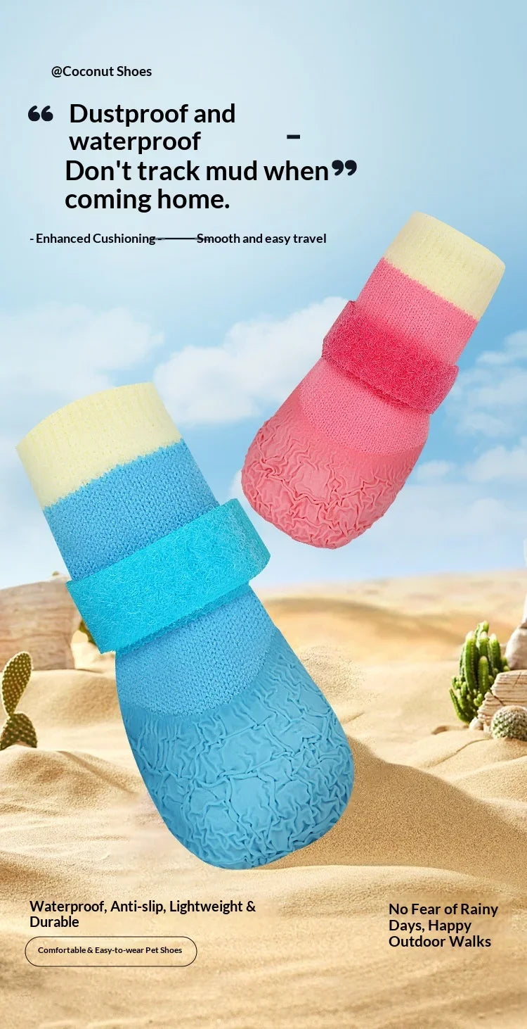 A set of colorful waterproof anti-slip dog boots featuring blue, pink, and yellow tones on a sandy surface.