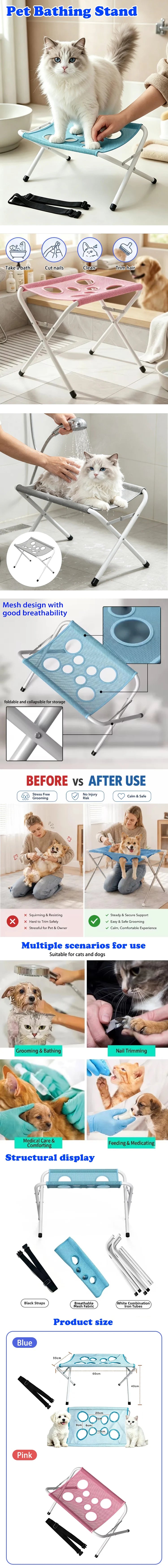 A pink portable pet grooming hammock stand with blue and pink fabric for bathing and grooming pets.