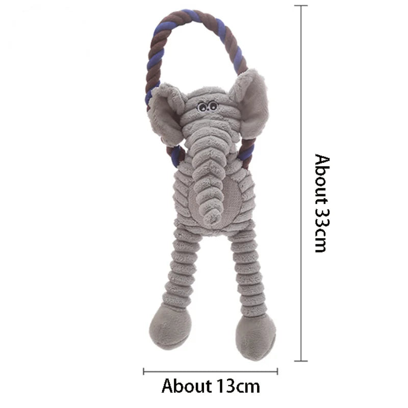 Gray elephant plush toy with blue braided ears for dogs and cats