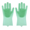 A pair of light green silicone pet grooming gloves for dogs and cats with textured palms.