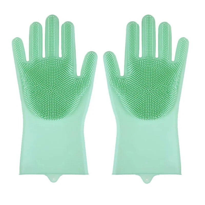 A pair of light green silicone pet grooming gloves for dogs and cats with textured palms.
