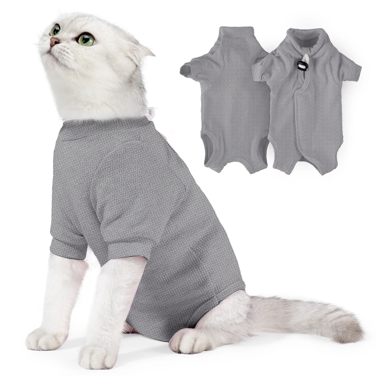 A white cat wearing a gray specialized recovery vest, with two vests shown separately.