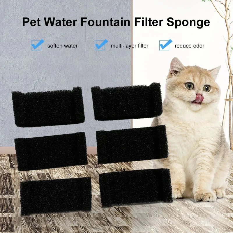 Black sponge replacement filters for pet water fountains shown next to a cat