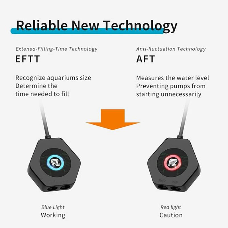 Two smart devices for aquarium water level monitoring, one blue light working and one red light caution.