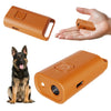 An orange portable ultrasonic dog repeller device shown in various forms, including a handheld version and a larger unit.