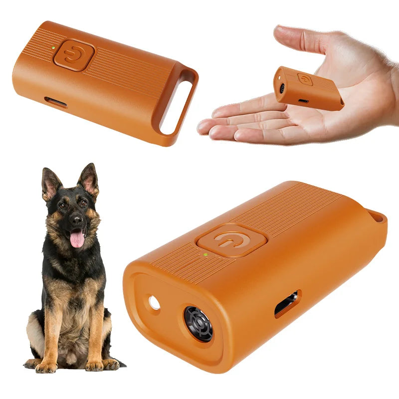 An orange portable ultrasonic dog repeller device shown in various forms, including a handheld version and a larger unit.