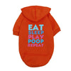 An orange hoodie with white text on the back that reads Eat Sleep Play Poop Repeat