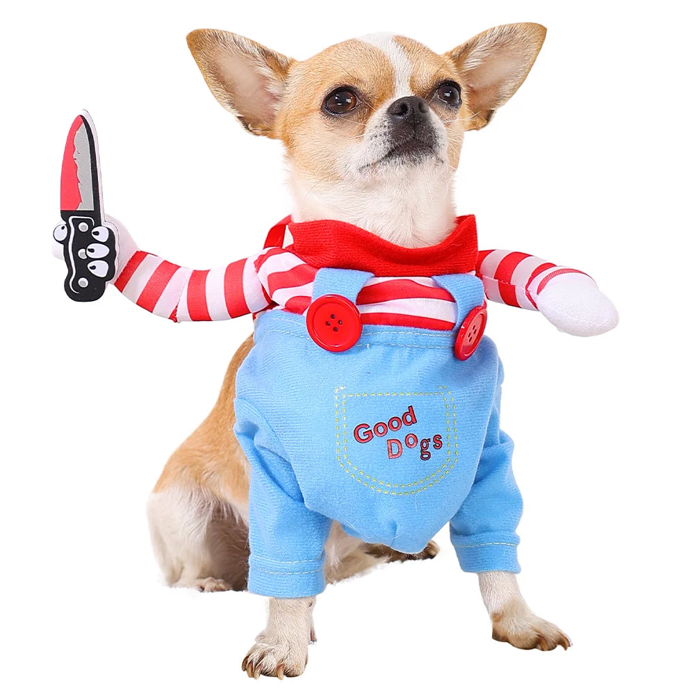 Un perro pequeño vistiendo un traje azul con rayas rojas y sosteniendo un cuchillo, como disfraz de Halloween.