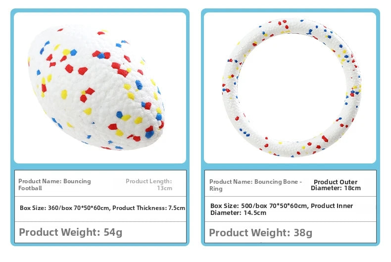 A white, speckled bouncing football with colorful dots and a white ring for chewing