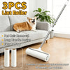 A white extendable lint roller with a long handle is shown next to a sofa and a cat, demonstrating its pet hair removal funct