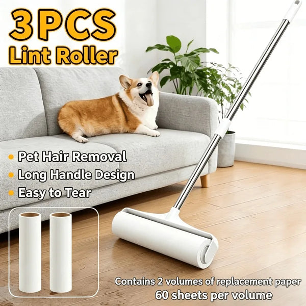 A white extendable lint roller with a long handle is shown next to a sofa and a cat, demonstrating its pet hair removal funct