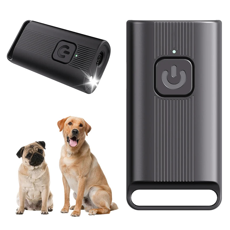 A black portable ultrasonic dog repeller device shown next to a dog.