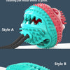 Two styles of a teal dog ball toy for dental care and chewing, showing the textured surface and suction cup attachment.