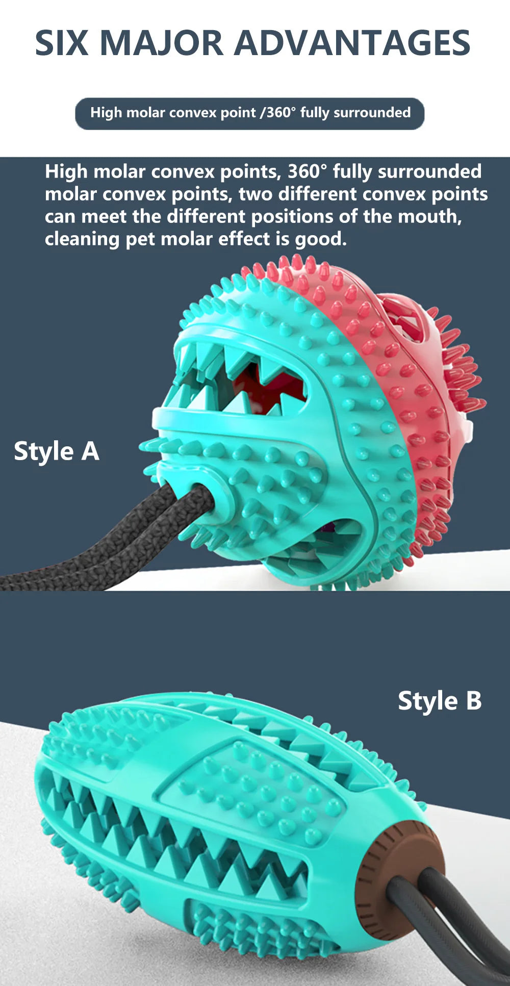 Two styles of a teal dog ball toy for dental care and chewing, showing the textured surface and suction cup attachment.