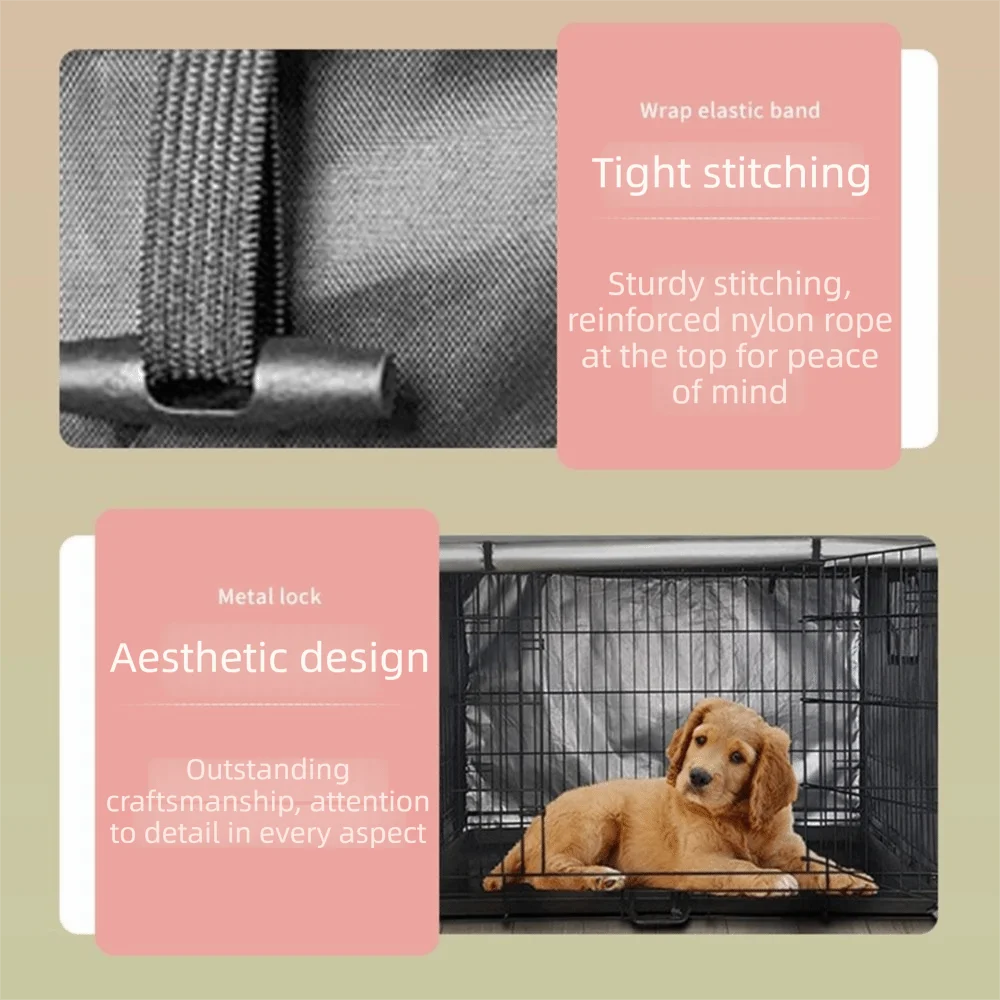 A close-up of a dog crate cover showing tight stitching and a metal lock detail.