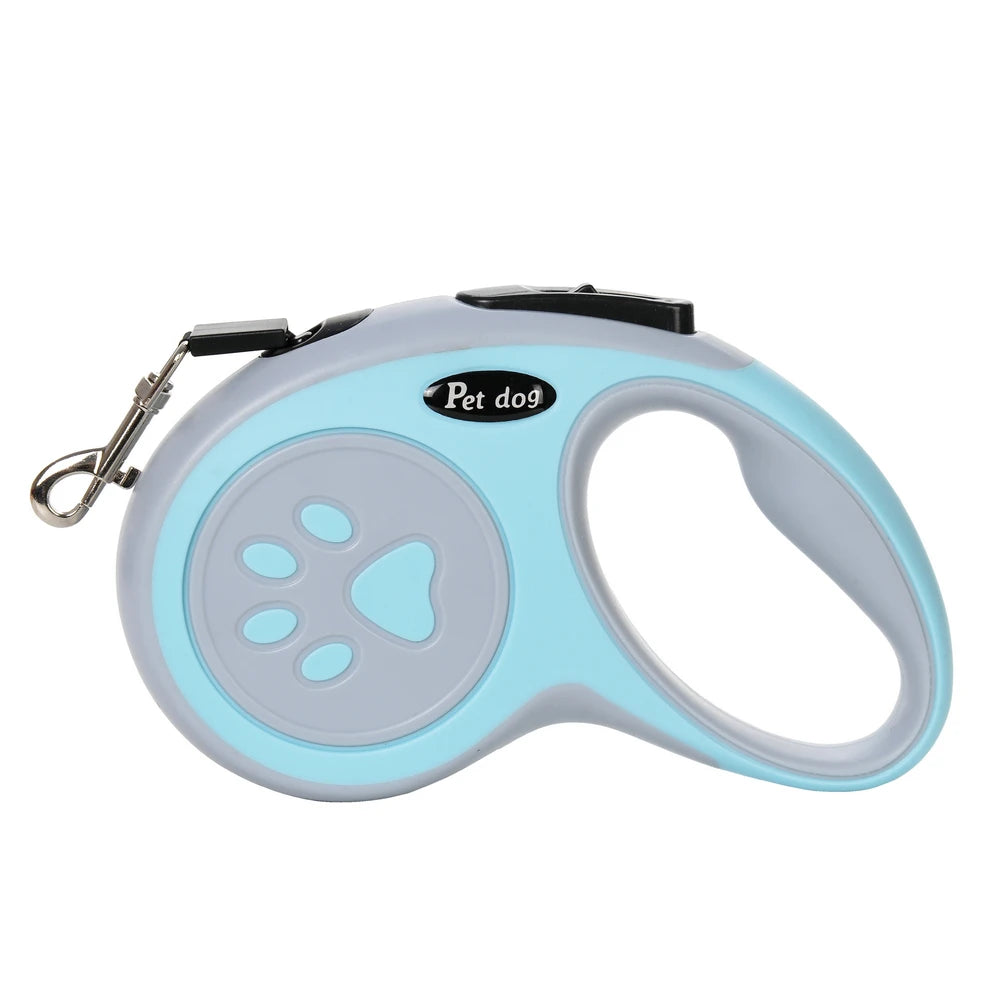 Correa retráctil de nylon azul claro y gris para mascotas con asa y clip.