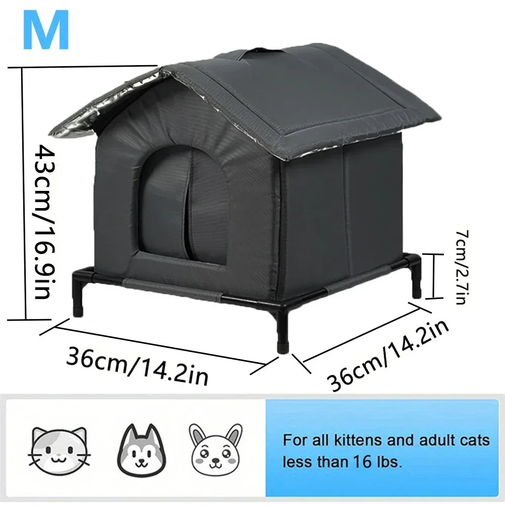A black heated outdoor cat shelter designed for kittens and adult cats less than 16 lbs.