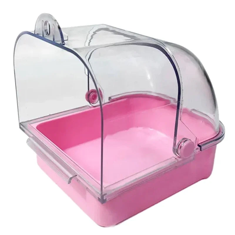 Clear plastic external bird bath for cages and parakeets with a pink base.
