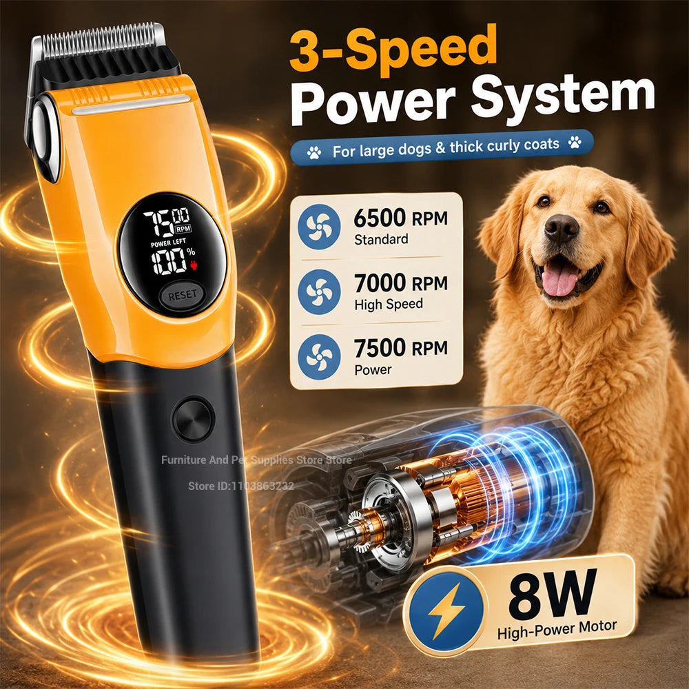An orange 3-speed pet grooming clipper is shown next to a golden dog and an internal motor component.
