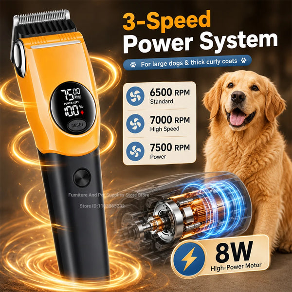 An orange 3-speed pet grooming clipper is shown next to a golden dog and an internal motor component.