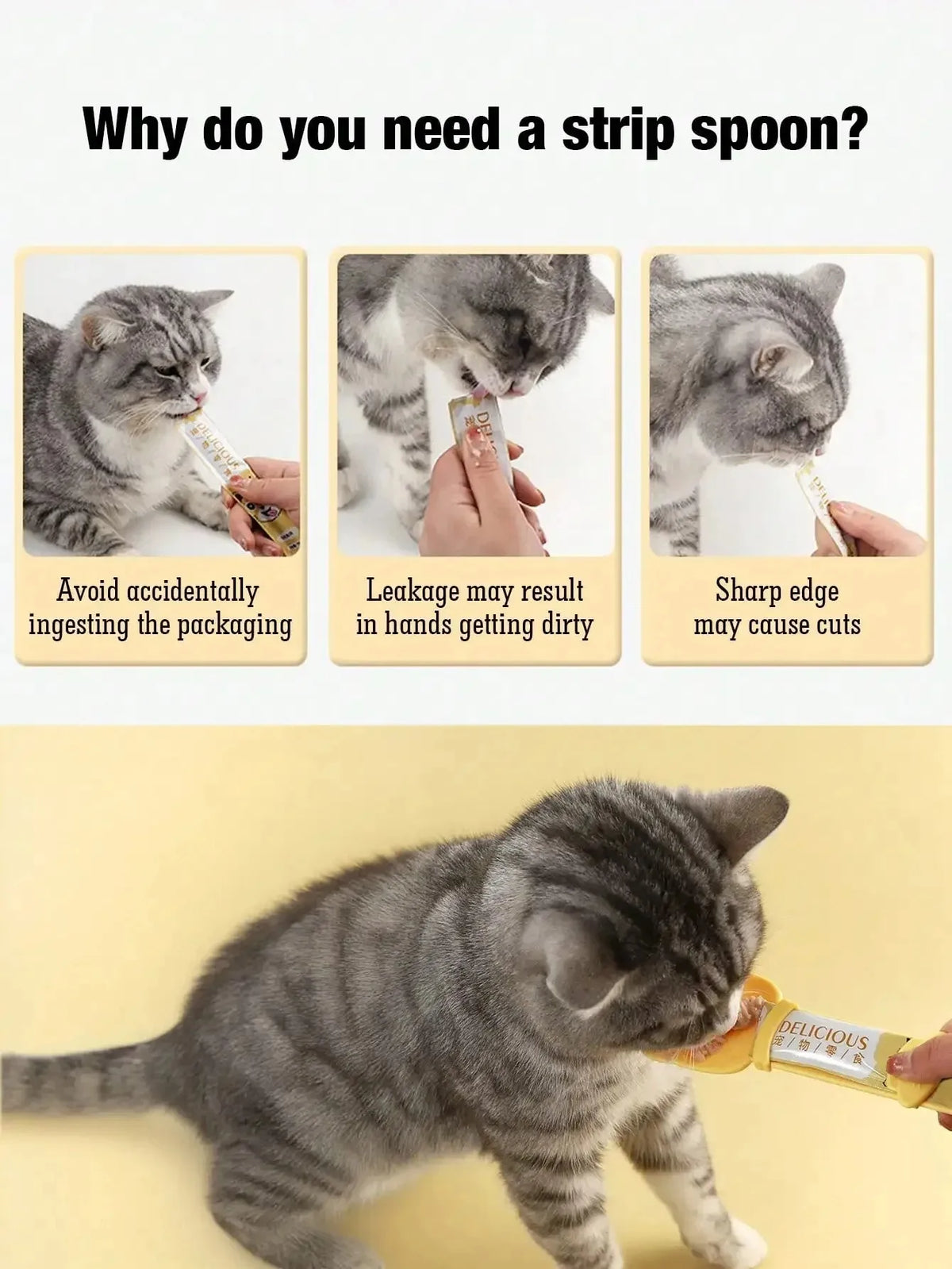 A tabby cat is using a long-handled pet food dispensing spoon to eat food.