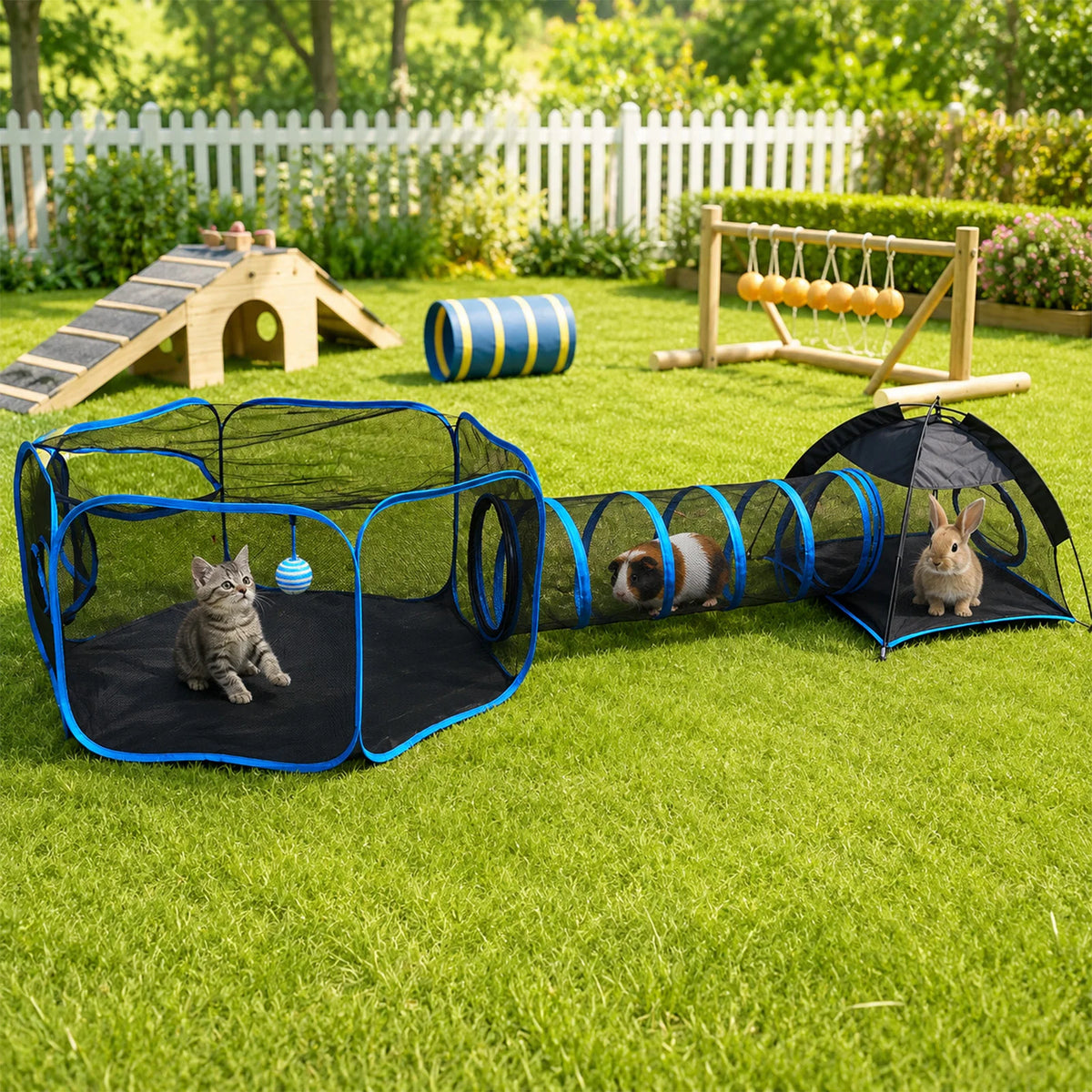 A green outdoor scene showing a black pet playpen and an open black play tent on a lawn.