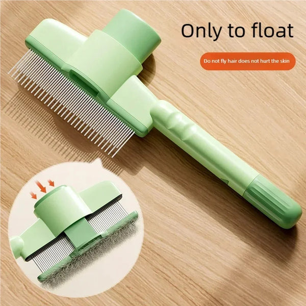 A light green self-cleaning pet hair remover and massage brush is shown floating on a wooden surface.