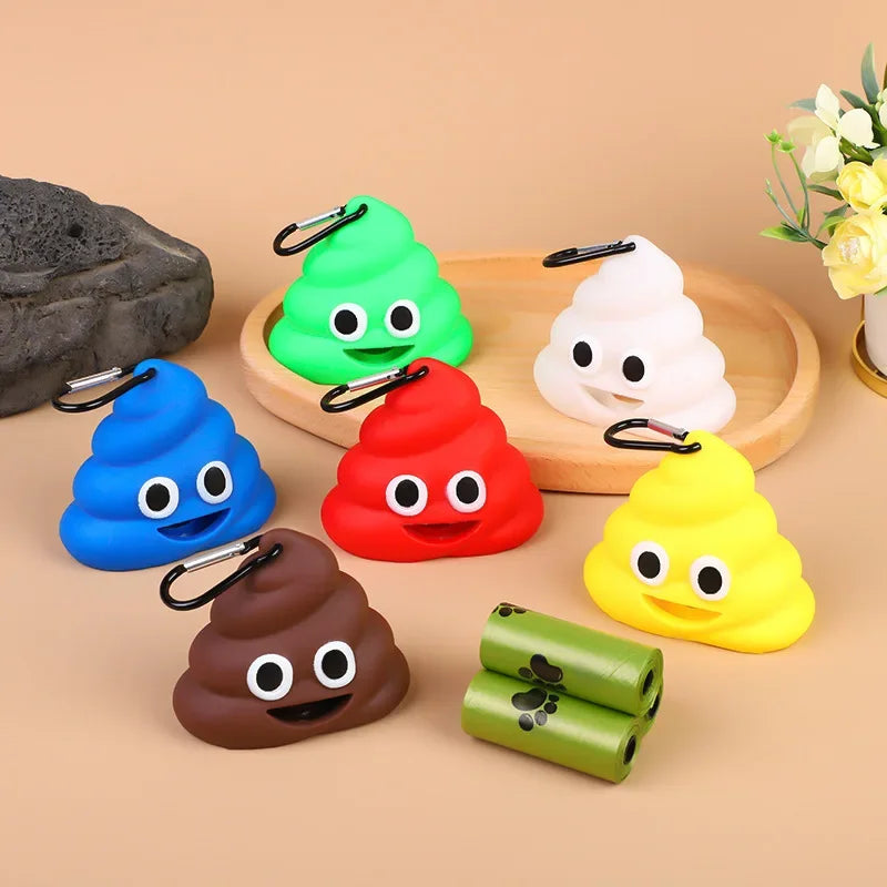 Colección de dispensadores para bolsas de excremento de silicona de coloridos con forma de excremento sonriente, incluyendo v