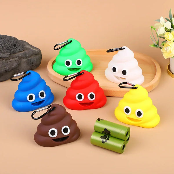 A collection of colorful silicone dog poop bag dispensers shaped like smiling poop, including green, blue, red, white, and ye