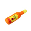 Orange plush beer bottle dog toy with a squeaker.