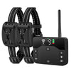 A black dual function dog training collar with an electric fence and remote trainer unit.