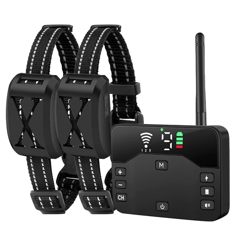 A black dual function dog training collar with an electric fence and remote trainer unit.