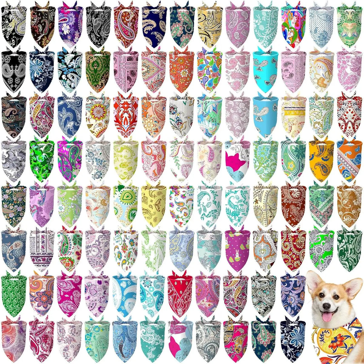A collection of 100 dog bandanas featuring various donut print designs for holidays and parties