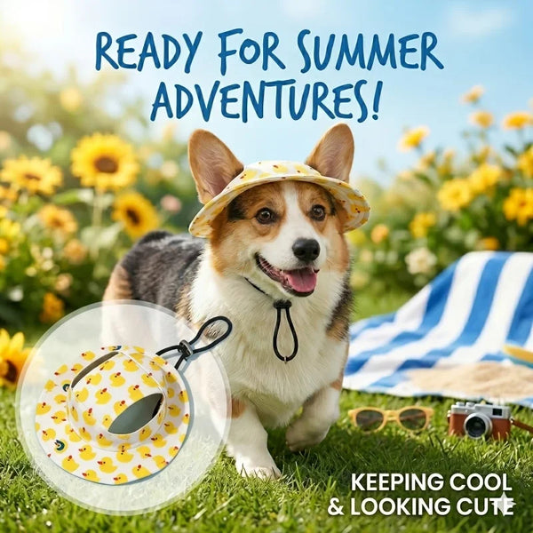 A happy dog wearing a yellow duck print pet cap in a sunny outdoor setting.