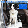 A black and white dog is sitting in a car seat, wearing an adjustable safety harness.