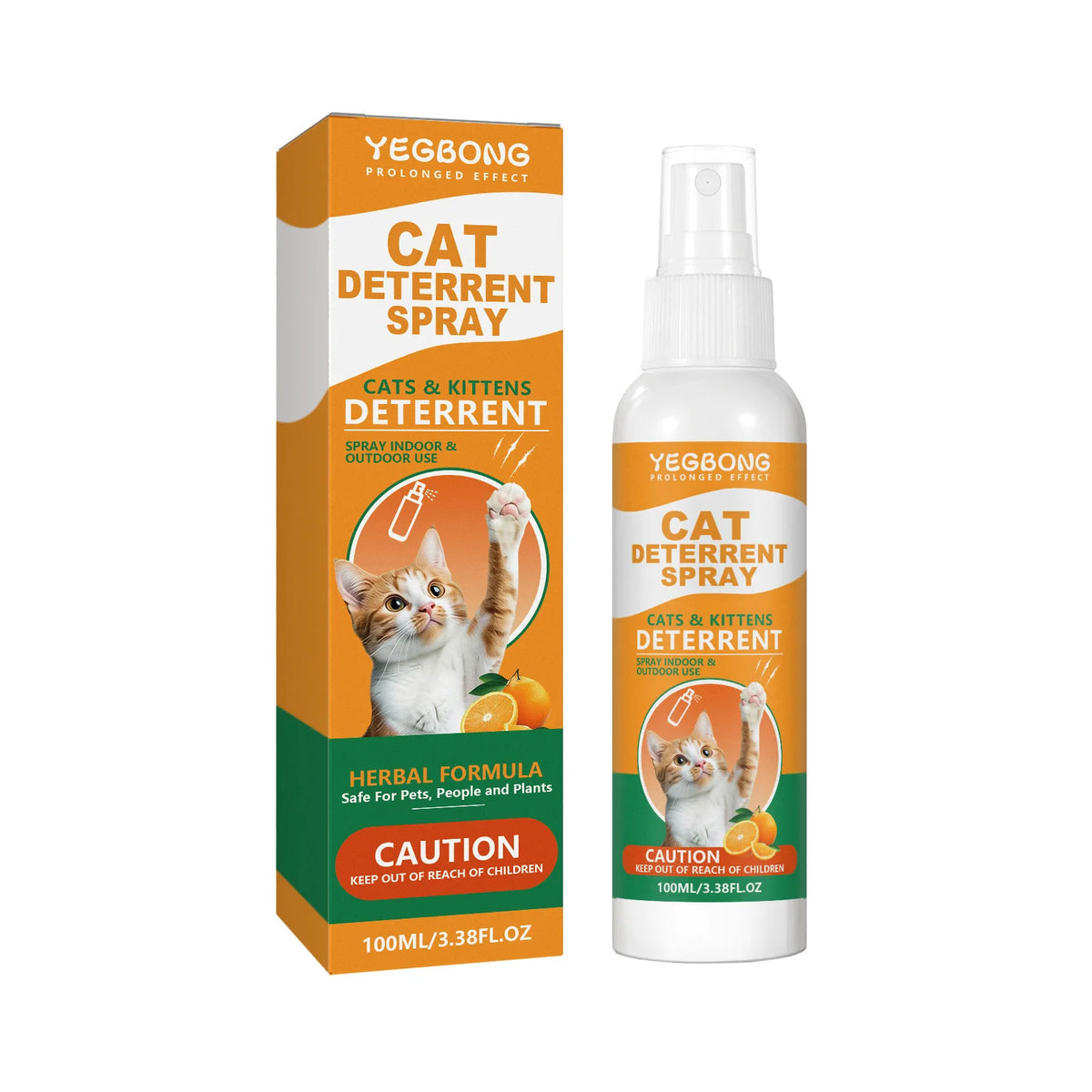 A bottle of Yegbong Cat Deterrent Spray for indoor and outdoor use with an orange label.