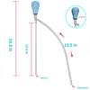 Un long siphon nettoyant pour aquarium incurvé avec une buse bleue et diverses mesures de longueur.