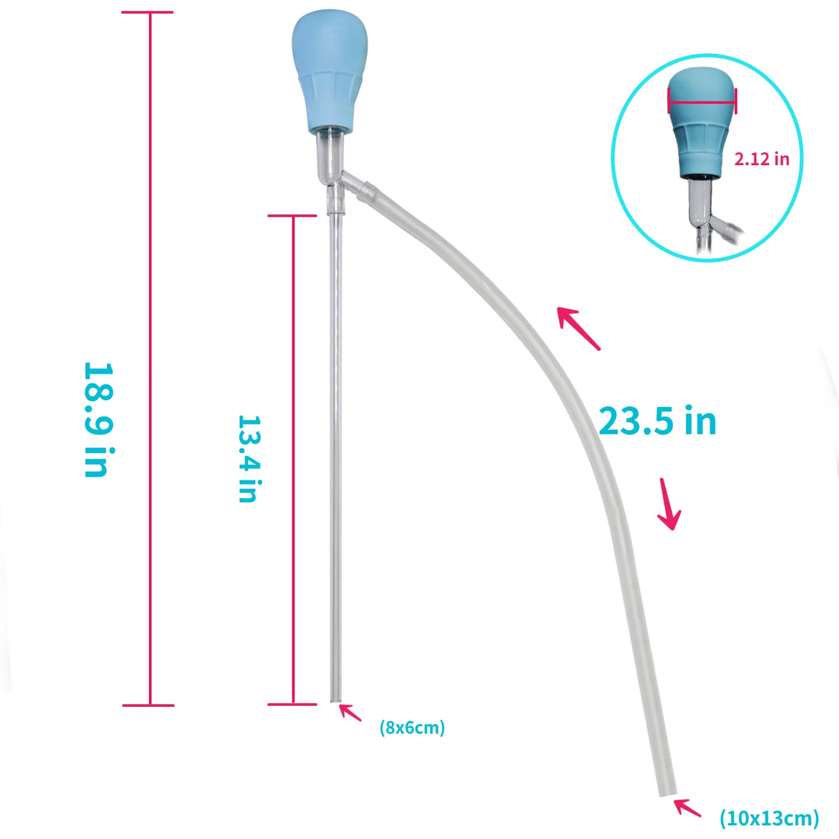 Un long siphon nettoyant pour aquarium incurvé avec une buse bleue et diverses mesures de longueur.