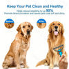 A golden retriever is shown before and after using a pet detangler comb and grooming brush to reduce shedding.