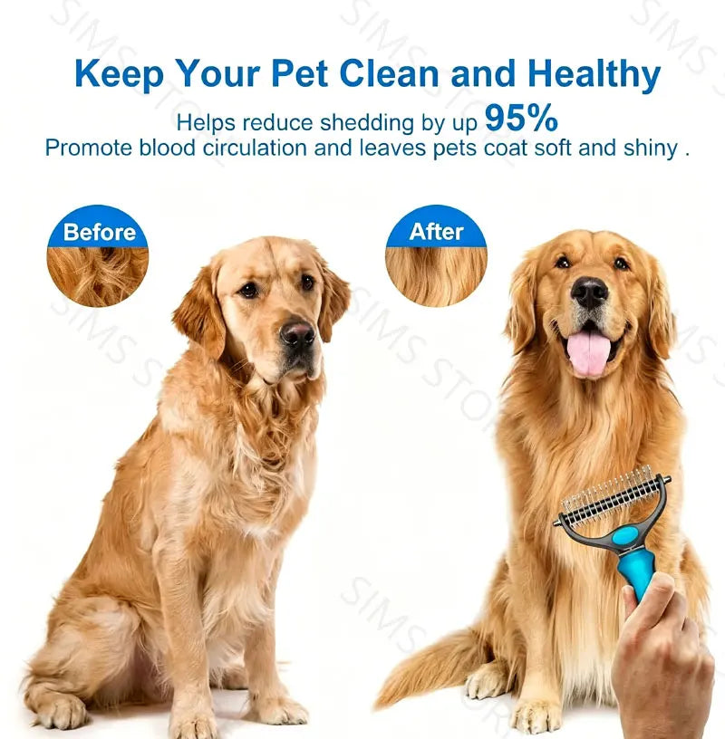 A golden retriever is shown before and after using a pet detangler comb and grooming brush to reduce shedding.