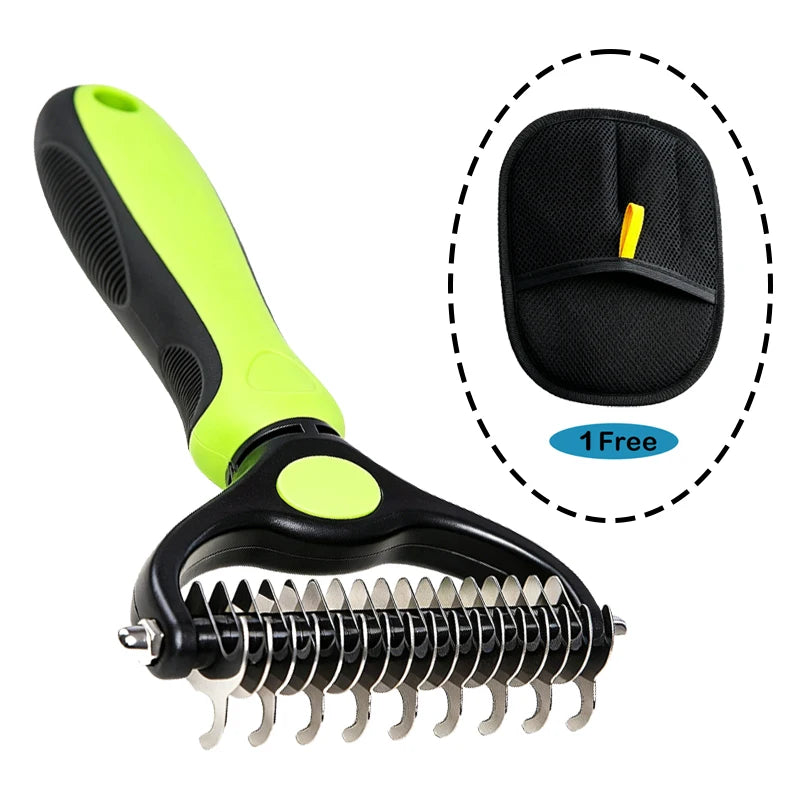 A black and neon yellow two-sided pet grooming brush for dogs and cats with a flexible bristle head.
